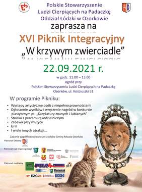 Pokaż zdjęcie: na zdjęciu plakat na którym zamieszczono informację o pikniku integracyjnym wraz z przedstawieniem programu. Wydarzenie nosi nazwę W krzywym zwierciadle,  na plakacie w dolnym prawym rogu widoczny jest  kot patrzący w lustro w którym odbija się gł