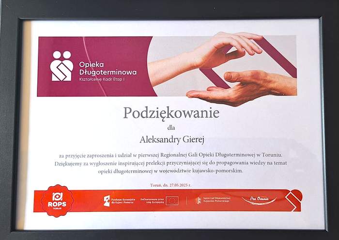 Podziękowania dla Dyrektor Kujawsko-Pomorskiego Oddziału PFRON Aleksandrze Gierej za udział w Gali i wygłoszenie prelekcji.