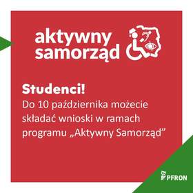 Grafika w kolorze czerwonym z zielonym elementem i logo PFRON oraz białymi napisami zawierającymi informację o programie "aktywny samorząd"