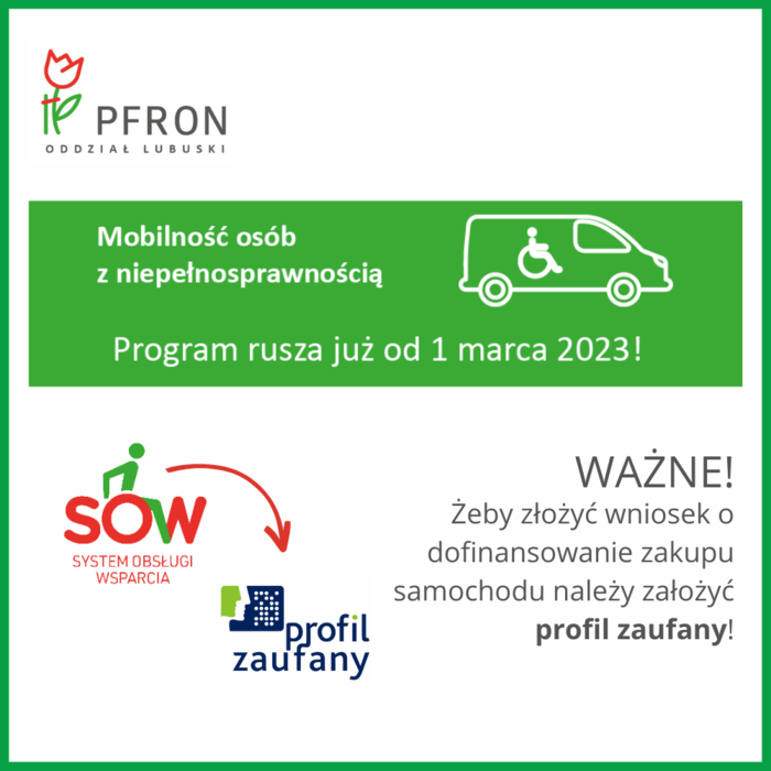 Pokaż zdjęcie: Grafika promująca program "Mobilność osób z niepełnosprawnością" w której zielone logo programu, logo Oddziału w Zielonej Górze, logo SOW i profilu zaufanego