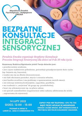Pokaż zdjęcie: W prawym, górnym rogu widnieje duży trójkąt, na którym rozmieszczone zostały różnokolorowe figury geometryczne, od kwadratów, przez koła, okręgi, stożki, po połączone ze sobą cztery małe kulki, czy też figury w kształcie wijącej się dżdżownicy. W lewym, górnym rogu widoczny jest logotyp Niepublicznej Poradni Psychologiczno-Pedagogicznej Emedea. Poniżej zamieszczone zostały szczegółowe informacje, zawarte w treści niniejszej publikacji, o odbywających się bezpłatnych konsultacjach procesów integracji sensorycznej.