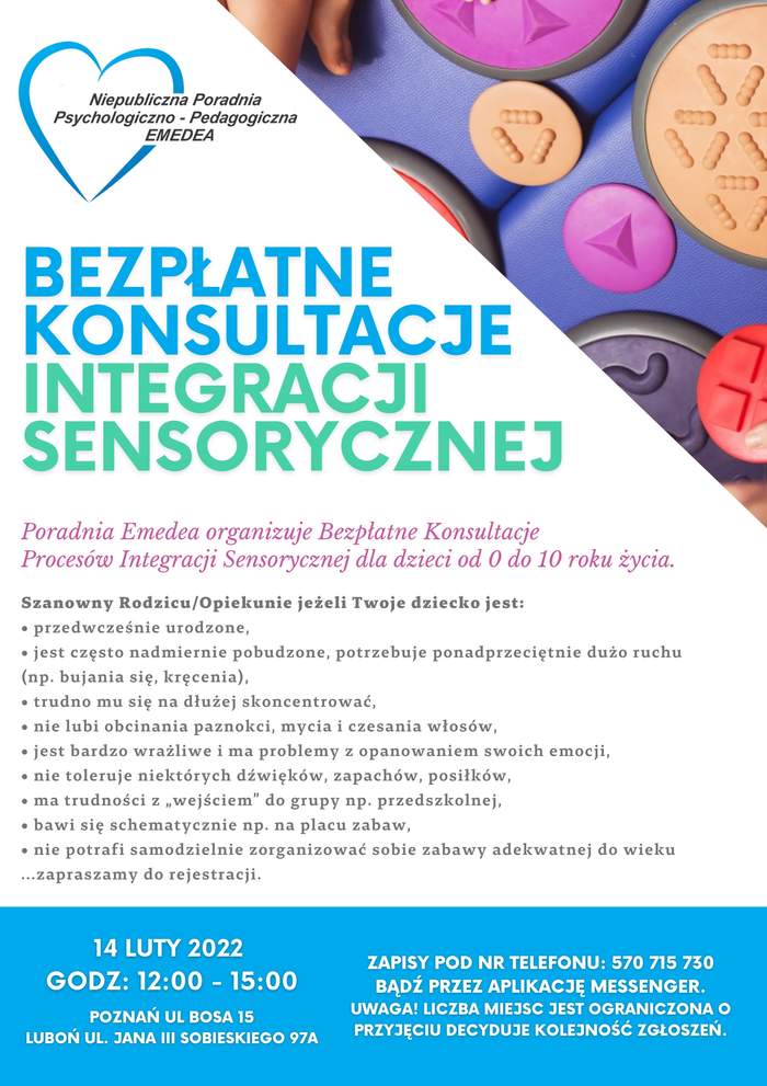 Pokaż zdjęcie: W prawym, górnym rogu widnieje duży trójkąt, na którym rozmieszczone zostały różnokolorowe figury geometryczne, od kwadratów, przez koła, okręgi, stożki, po połączone ze sobą cztery małe kulki, czy też figury w kształcie wijącej się dżdżownicy. W lewym, górnym rogu widoczny jest logotyp Niepublicznej Poradni Psychologiczno-Pedagogicznej Emedea. Poniżej zamieszczone zostały szczegółowe informacje, zawarte w treści niniejszej publikacji, o odbywających się bezpłatnych konsultacjach procesów integracji sensorycznej.