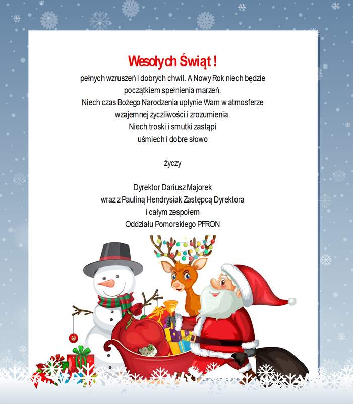 Pokaż zdjęcie: Biała kartka życzeniami z niebieskim obramowaniem, na którym znajdują się śnieżynki. W centralnej części życzenia z czerwonym napisem Wesołych Świąt! W dolnej części bałwanek w czarnym kapeluszu, obok renifer i Święty Mikołaj.