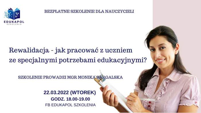 Pokaż zdjęcie: Po prawej stronie, na szarym tle widnieje zdjęcie uśmiechniętej kobiety ubranej w bluzkę w różowe paski i trzymającej w dłoniach notatnik oraz długopis. Na górze umieszczony został logotyp organizatora szkolenia oraz następujące sformułowanie: „Bezpłatne szkolenie dla nauczycieli”. Poniżej zamieszczone zostały pozostałe informacje na temat szkolenia, które można znaleźć w treści niniejszej publikacji.