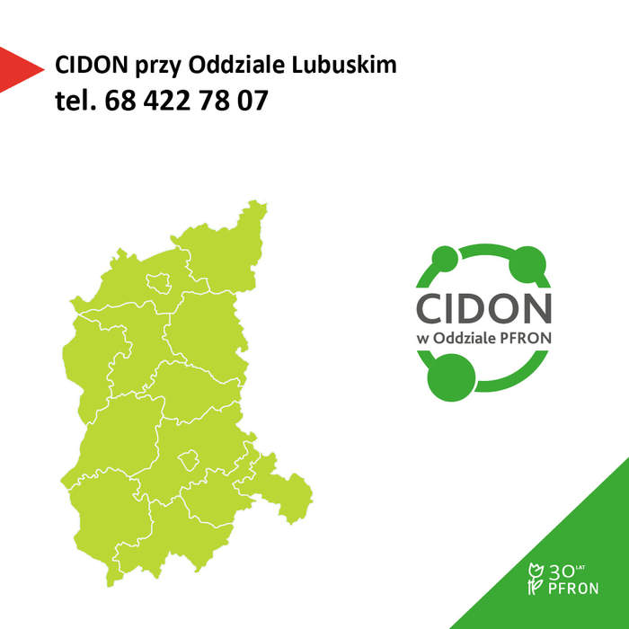 Pokaż zdjęcie: Grafika promująca CIDON przedstawiająca województwo lubuskie w kolorze zielonym z logo CIDON i numerem telefonu do CIDON w Zielonej Górze