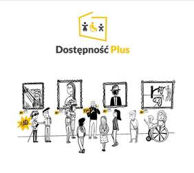Pokaż zdjęcie: Grafika na białym tle: u góry logo programu Dostępność plus, poniżej galeria sztuki, na ścianie wiszą cztery obrany, którym przyglądają się osoby z różnymi niepełnosprawnościami wraz z towarzyszami, osoby korzystają z ułatwień tj. audio