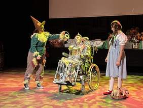 Pokaż zdjęcie: Uczestnicy spektatklu, w tym aktor na wózku w roli głównej, ubrani w garderobę teatralną, występują na scenie