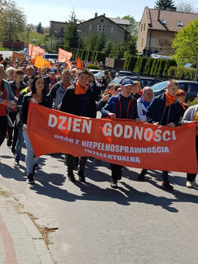 ludzie maszerują, niosą pomarańczowy transparent z napisem dzień godności osób z niepełnosprawnością intelektualną