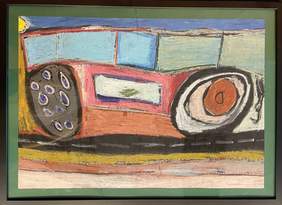 Pokaż zdjęcie: Abstrakcyjny prostokątny samochód na ciemnej drodze. Dwa wielkie koła z mniejszymi kolorowymi kółeczkami w środku. Szyby w odcieniach jasnoniebieskich. W górnej części niebieskie niebo, w lewym rogu słońce. 