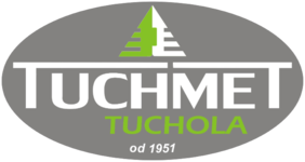 Logo firmy Tuchmet: na środku napis Tuchmet, nad nim grafika symbolizująca świerk - biało-zielona, pod spodem Tuchola, pod spodem: od 1951