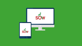 Pokaż zdjęcie: grafika z zielonym tłem przedstawiająca komputer i tablet, których ekarany pokazują logo SOW