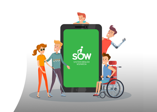 baner - logo System Obsługi Wsparcia - grafika postacie rysunkowe, u których widać różne niepełnosprawności - m.in. osoba na wózku inwalidzkim, osoba z białą laską, skupione wokół dużego smarfona