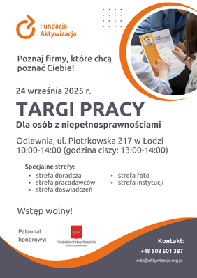 Pokaż zdjęcie: Zdjęcie jest plakatem promującym wydarzenie. Zamieszczone są informacje dotyczące organizowanych Targów Pracy dla osób z niepełnosprawnościami. 