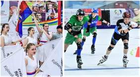 Obrazek zawiera dwa zdjęcia - po lewej: dziewczyny, ubrane na biało, z flagami Igrzysk, a po prawej: wrotkarze podczas zmagań sportowych