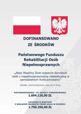 Pokaż zdjęcie: Zdjęcie jest grafiką informującą o projekcie. Zawiera informacje o nazwie projektu, wysokosci dofinansowania i kwocie wkładu własnego. 