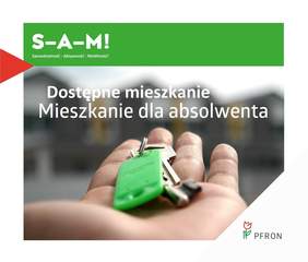 Pokaż zdjęcie: plakat promujący program mieszkaniowy w głównym miejscu pokazano rękę która trzyma klucze do mieszkania na dole logo PFRON