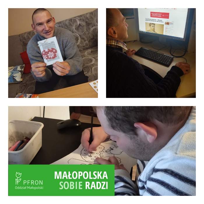 Pokaż zdjęcie: Uczestnicy Fundacji „Leonardo” podczas zajęć w domu - kolaż trzech zdjęć. Na każdym są podopieczni podczas zajęć plastycznych lub przy komputerze w trakcie zajęć zdalnych