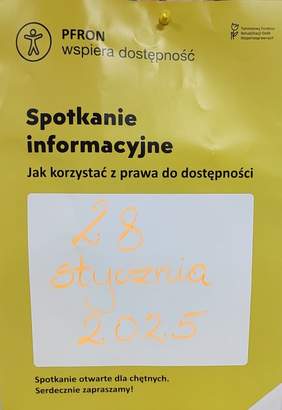 Plakat w kolorze żółtym, z czarnymi napisami, promujący spotkanie informacyjne.