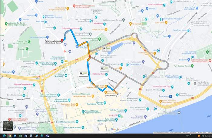 Mapa dojazdowa do siedziby PFRON - ukazana przykładowa trasa ze Starego Miasta