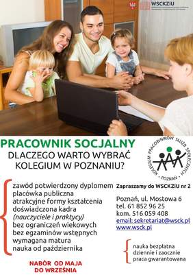 Pokaż zdjęcie: Plakat promujący bezpłatne kształcenie w zawodzie pracownik socjalny w Kolegium Pracowników Służb Społecznych w Poznaniu