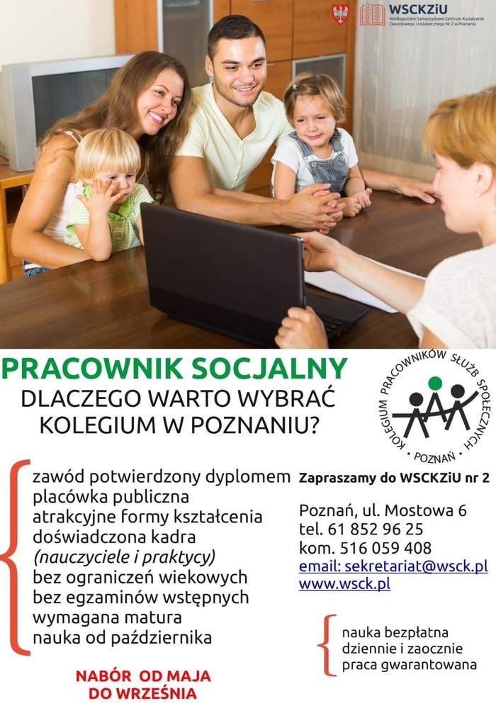 Pokaż zdjęcie: Plakat promujący bezpłatne kształcenie w zawodzie pracownik socjalny w Kolegium Pracowników Służb Społecznych w Poznaniu