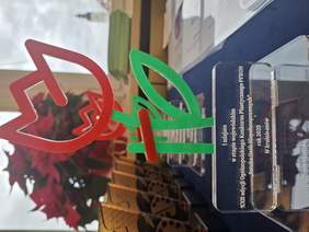 Pokaż zdjęcie: Statuetka z przezroczystego tworzywa z czerwono-zielonym tulipanem. Poniżej widać napis informujący o I miejscu w etapie wojewódzkim konkursu. To nagroda z okazji XXII edycji Ogólnopolskiego Konkursu Plastycznego PFRON "Sztuka Osób Niepełnosprawnych" z roku 2025