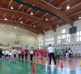 Pokaż zdjęcie: Kilkadziesiąt osób znajduje się w dużej hali. Ubrani są w sportowe stroje.