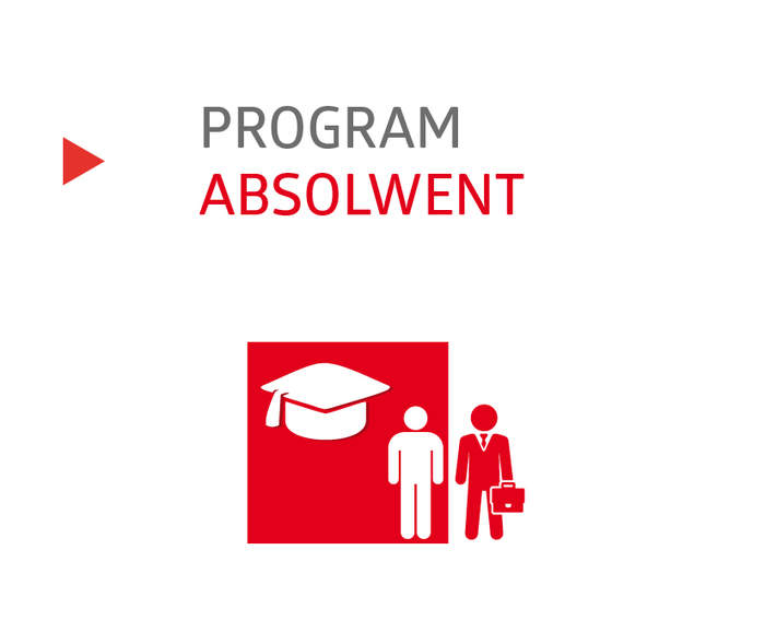 baner programu Absolwent - piktogram czapki studenta, dwie postacie, jedna z nich z teczką, , napis - program...