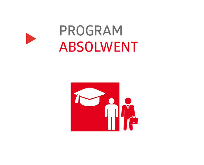 baner programu Absolwent - piktogramy postaci obok piktogram czapki studenckiej