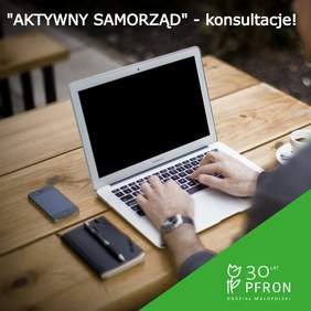 Pokaż zdjęcie: Zaproszenie na konsultacje - zdjęcie laptopa, obok laptopa widoczne dłonie. Na górze napis "Aktywny samorząd" - konsultacje! W dolnym prawym rogu logotyp PFRON.