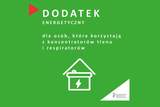 Grafika z napisem „Dodatek energetyczny” oraz informacją: „dla osób, które korzystają z koncentratorów tlenu i respiratorów”. Zielone tło, ikona domu z baterią i symbolem energii, logo PFRON w rogu.