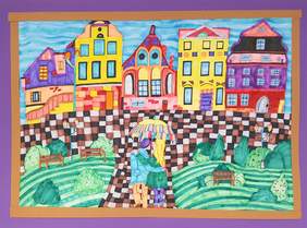 Pokaż zdjęcie: Kobieta wraz z mężczyzną, spoglądający na siebie, idą po chodniku w trójkolorową kratę, pod wielobarwnym parasolem. Po obu stronach znajdują się niskie krzewy, ławki oraz latarnie. Z przodu znajdują się wielobarwne kamienice.