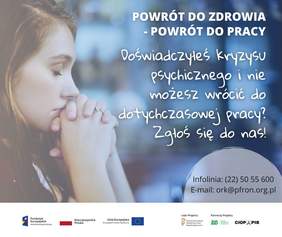 Pokaż zdjęcie: „Powrót do zdrowia – powrót do pracy” po kryzysie psychicznym - grafika informująca o projekcie z pytaniem: Doświadczyłeś kryzysu psychicznego i nie możesz wrócić do dotychczasowej pracy? Na grafice twarz młodej kobiety z zamkniętymi ocza