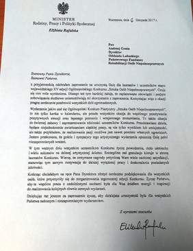 List Minister Rodziny, Pracy i Polityki Społecznej Elżbiety Rafalskiej