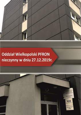 Pokaż zdjęcie: Grafika informująca, że Oddział Wielkopolski PFRON 27 grudnia br. będzie nieczynny
