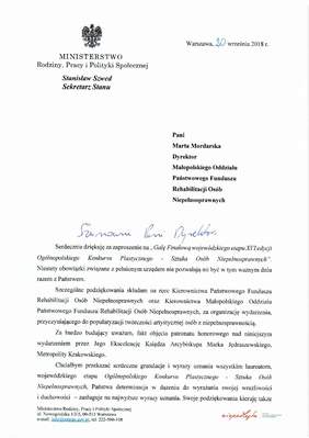 Pokaż zdjęcie: List gratulacyjny od Wiceministra Stanisława Szweda