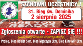 Pokaż zdjęcie: Plakat 31. Biegu św. Dominika w Gdańsku, zaplanowanego na 2 sierpnia 2025. Informacja o zapisach, adres strony rejestracyjnej i rodzajach biegów: Prolog, Bieg Kobiet 5 km, Mężczyzn 5 km i Elity-MP 10 km. Logo z biegnącym dominikaninem.