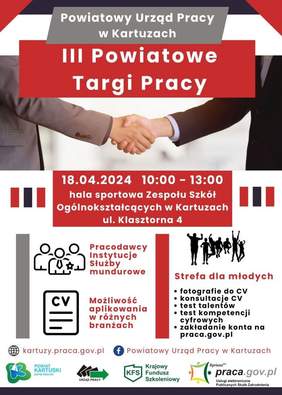 Pokaż zdjęcie: Dwaj mężczyźni w garniturach trzymają dłonie w uścisku, u góry napis Powiatowy Urząd Pracy w Karuzach III Powiatowe Targi Pracy poniżej termin, godzina i miejsce spotkania, opis strefy dla młodych i uczestników targów, na dole loga organizator