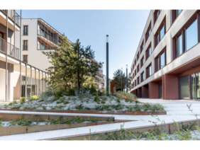 Pokaż zdjęcie: Nowoczesne osiedle mieszkaniowe z niskimi budynkami o prostych, geometrycznych kształtach. W centrum znajduje się zagospodarowany dziedziniec z roślinnością, drzewami i ścieżkami z betonu oraz stali.