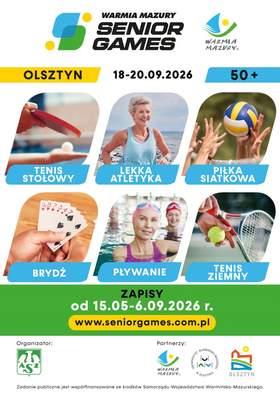 Plakat wydarzenia z wymienionymi sześcioma dyscyplinami: tenis stołowy, lekka atletyka, piłka siatkowa, brydż, pływanie i tenis ziemny. Zapisy trwają od 15 maja do 6 września 2026 roku. Na plakacie podano stronę internetową oraz logotypy organizatora i partnerów.