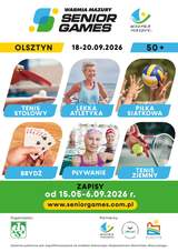Plakat wydarzenia z wymienionymi sześcioma dyscyplinami: tenis stołowy, lekka atletyka, piłka siatkowa, brydż, pływanie i tenis ziemny. Zapisy trwają od 15 maja do 6 września 2026 roku. Na plakacie podano stronę internetową oraz logotypy organizatora i partnerów.