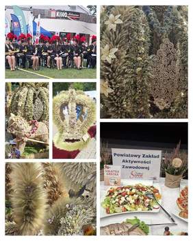 Pokaż zdjęcie: Kolaż zdjęć z wydarzenia dożynkowego: orkiestra dęta w galowych mundurach, misternie wykonane wieńce ze zbóż i suszonych roślin oraz stoisko z regionalnymi potrawami.