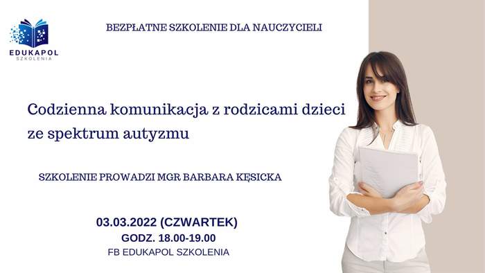 Pokaż zdjęcie: Po prawej stronie, na szarym tle widnieje zdjęcie uśmiechniętej kobiety ubranej na biało i trzymającej w ręce białą teczkę. Na górze umieszczony został logotyp organizatora szkolenia oraz następujące sformułowanie: „Bezpłatne szkolenie dla nauczycieli”. Poniżej zamieszczone zostały pozostałe informacje na temat szkolenia, które można znaleźć w treści niniejszej publikacji.