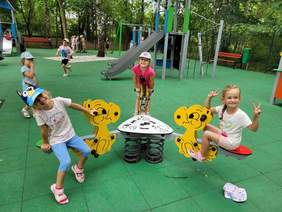 Pokaż zdjęcie: Grupa uśmiechniętych dzieci znajduje się na placu zabaw przy różnego rodzaju urządzeniach. Na placu zabaw widoczne są między innymi: huśtawki, drabinki, zjeżdżalnie, ławka oraz kosz na śmieci.