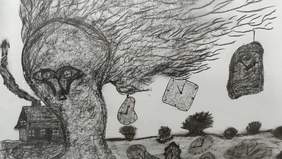 Pokaż zdjęcie: Rysunek przedstawiajacy zantropomorfizowane drzewo z długimi gałęziami i polem obok