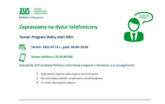 Pokaż zdjęcie: Informacja o dyżurze telefonicznym w Oddziale ZUS w Chorzowie tekst podany w treści komunikatu