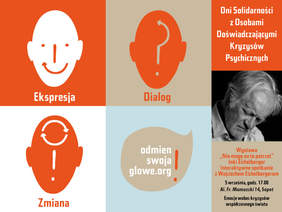 Pokaż zdjęcie: Plakat Dni Solidarności z Osobami Doświadczającymi Kryzysów Psychicznych. Zawiera symbole ekspresji, dialogu i zmiany oraz zaproszenie na wystawę i spotkanie z Wojciechem Eichelbergerem 5 września w Sopocie.