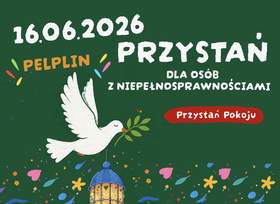 Biały gołąb z gałązką oliwną unosi się na zielonym tle wśród kolorowych dekoracji. Grafika symbolizuje pokój, nadzieję, integrację i otwartość wobec osób z niepełnosprawnościami.