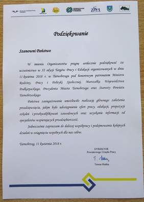 Podziękowanie za udział w XI Targach Pracy i Edukacji w Tarnobrzegu