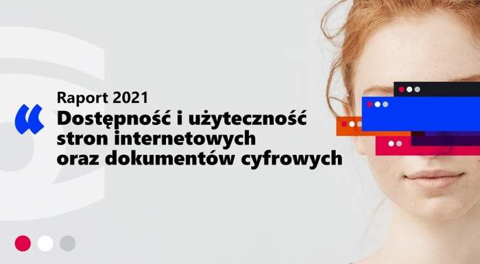 Pokaż zdjęcie: Baner z twarzą kobiety, oczy ma zakryte kolorowymi paskami. Na tle widnieje napis: „Dostępność i użyteczność stron internetowych, aplikacji mobilnych oraz dokumentów cyfrowych”.
